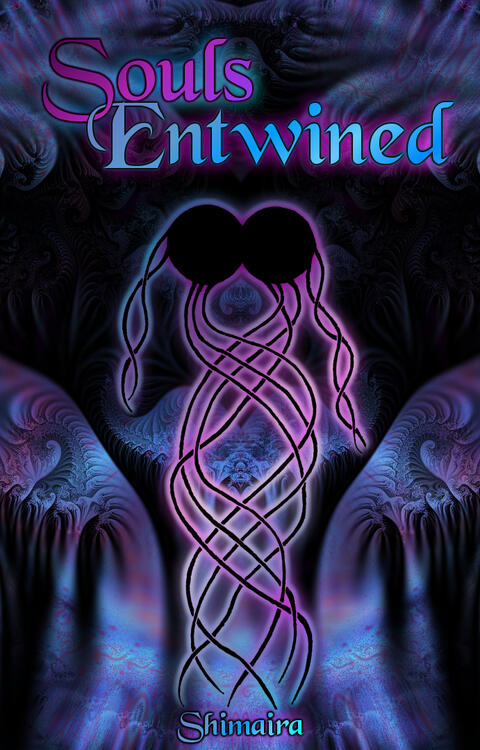 A picture of the story cover is shown, with Souls Entwined at the top. The cover itself is in blue and purple hues, with two orbs spiralling upwards, the tendrils coming from the bottom of the orbs entwining