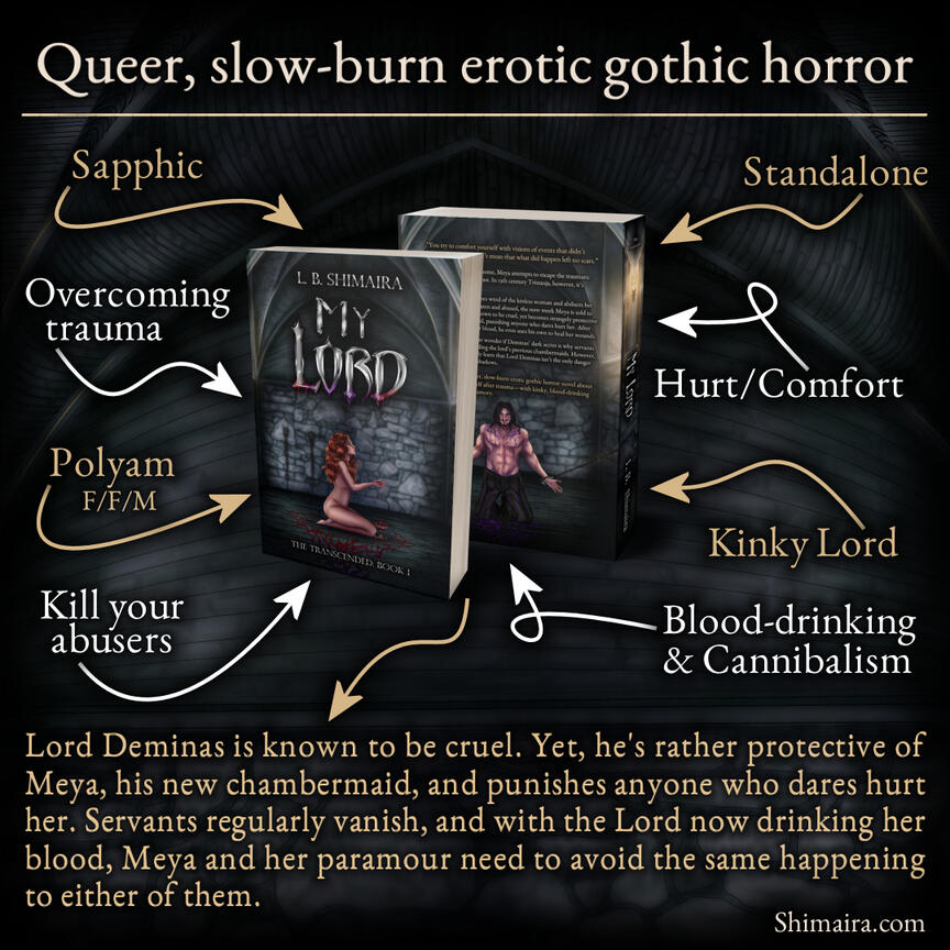 My Lord (standalone, sapphic, kinky lord, blood drinking, cannibalism, overcoming trauma, kill your abusers, polyam F/F/M, hurt/comfort)