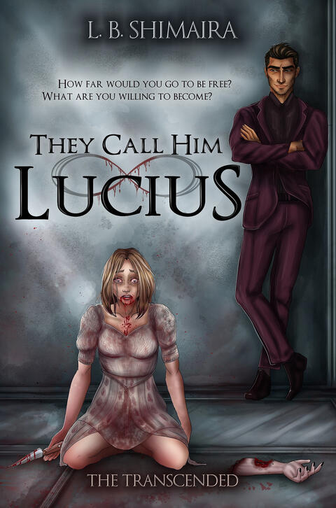A picture of the book cover is shown, featuring a drawn portrait of Lucius in black, white & red. There is blood splattered across his face and dripping from his lips.