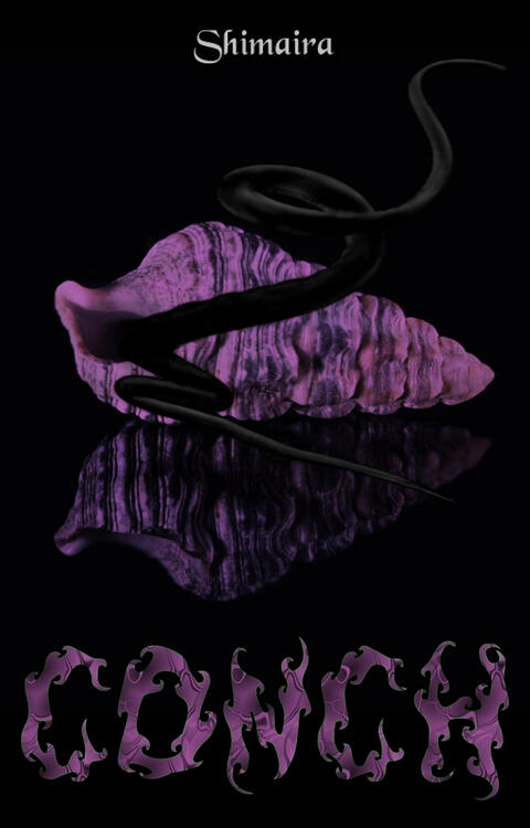 A black cover with Shimaira at the top and the title Conch on the bottom in purple, wavy letters. In the middle a purple conch shell is visible with 2 black tendrils emerging out of it.